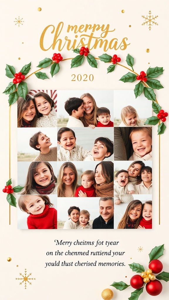 A creative year in review Christmas card with a photo collage and festive decorations.